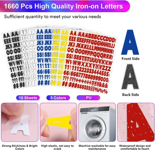 Miniatura 3 de 10 hojas, 1660 piezas de letras y números para planchar, letras de vinilo de 1 pulgada en 5 colores con letras de transferencia térmica A-Z, números