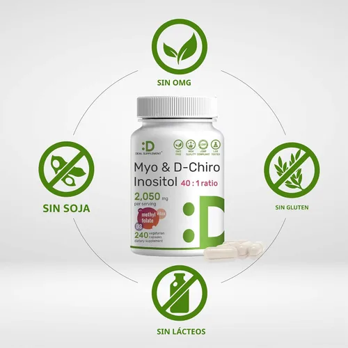 Miniatura 3 de Suplemento de Myo-Inositol y D-Chiro Inositol para Mujeres (40:1) 2,050 mg por Porción 240 Cápsulas Vegetarianas con Folato, Vitamina D3