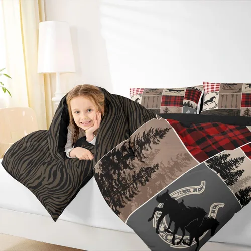 Miniatura 128 de Juego de edredón de oso y ciervo, tamaño individual, ropa de cama de animales salvajes de caza, colcha rústica de cabaña, casa de campo, cuadros