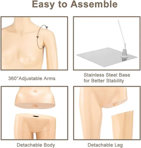 Miniatura 6 de Bonnlo Maniquí femenino de cuerpo completo, ajustable, forma de maniquí con base de metal, 68 pulgadas, plástico desmontable para exhibiciones