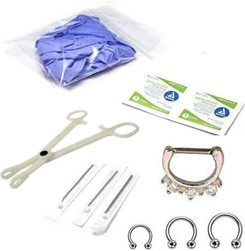 Kit de 12 piercings para tabique, clicker, aro de nariz, aro de herradura, barra circular de tamaño mixto, agujas de perforación de acero quirúrgico