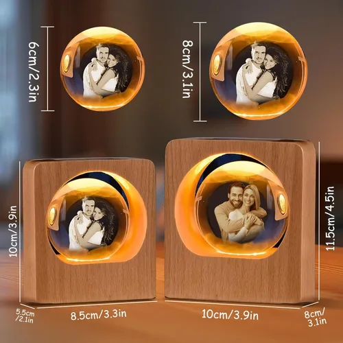 Miniatura 2 de Lámpara de noche personalizada de foto 3D en cristal – Bola de foto de vidrio personalizada con grabado de imagen 3D personalizada, base de madera