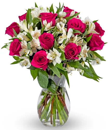 Miniatura 10 de Benchmark Bouquets - Rosas clásicas y alstroemeria (jarrón de cristal incluido) - Flores frescas para entrega al día siguiente - Regalo
