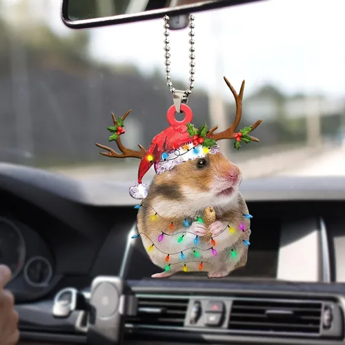 Miniatura 6 de Talataca Hámster con sombrero de Navidad, reno con cadena de luces 2D plano para espejo retrovisor para automóvil, accesorios para el árbol