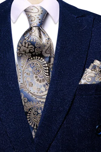 Miniatura 76 de Hi-Tie Corbatas de seda para hombre, diseño de cachemira a rayas, con bolsillo, gemelos cuadrados, conjunto formal de negocios