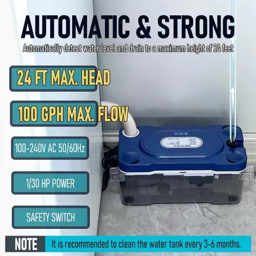 Miniatura 4 de Bomba de condensado HVAC de elevación de 24 pies de 100 GPH, 115 V/230 V silenciosa (<35 dB) bomba de eliminación de condensación de CA