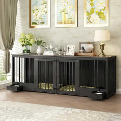 Miniatura 7 de Mueble estilo jaula para perros grande para 2 perros, perrera de madera resistente de 86.6" con cajones y divisor para comedero de perros, perrera
