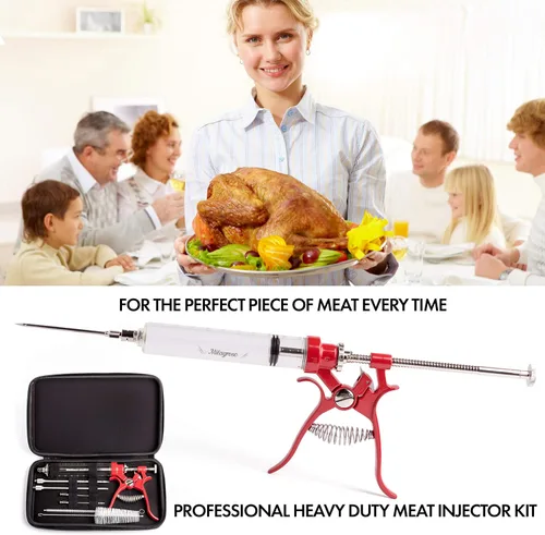Miniatura 2 de Inyector de Carne Pistola de Marinado de Acero Inoxidable Kit Exterior Jeringas de Alimentos con Sabor y 4 Agujas de Marinados para Parrilla BBQ Rojo
