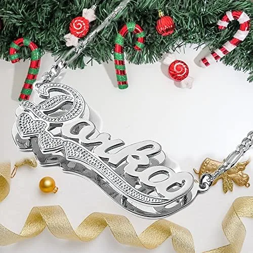 Miniatura 5 de Drawelry Collar con nombre personalizado de dos tonos con placa de oro de 18 quilates, chapado en doble corazón, placa con dije de placa de nombre