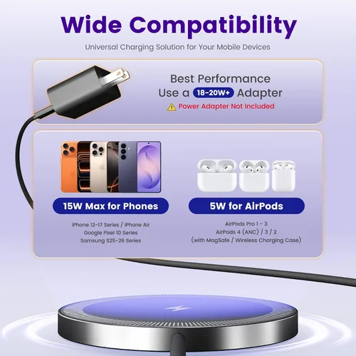 Miniatura 3 de Paquete de 2 cargadores inalámbricos magnéticos de 15 W: almohadilla de carga rápida para iPhone Air 17 16 15 14 13 12 Pro Max, Samsung Galaxy S26