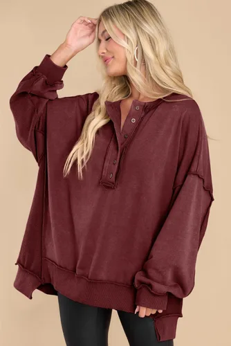Miniatura 50 de AlvaQ - Sudadera de gran tamaño para mujer, informal, de manga larga, con botones y cuello Henley, tipo túnica