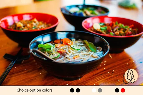 Miniatura 4 de Juego de 4 cuencos de ramen, 12 piezas Pho. Sopa japonesa asiática negra. Utensilio: cucharas y palillos. Melamina. Fideos grandes de 37 oz, arroz