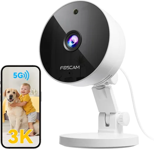 FOSCAM Cámara de seguridad 3K 5MP para interiores, 0.08 oz y 0.18 oz WiFi magnética Mini perro/gato/mascota/bebé, detección de movimiento Blanco