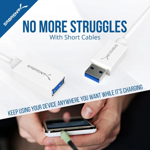 Miniatura 5 de SABRENT Cable de Extensión USB 3.0 22AWG - A-Macho a A-Hembra [Blanco] 10 Pies (CB-301W)