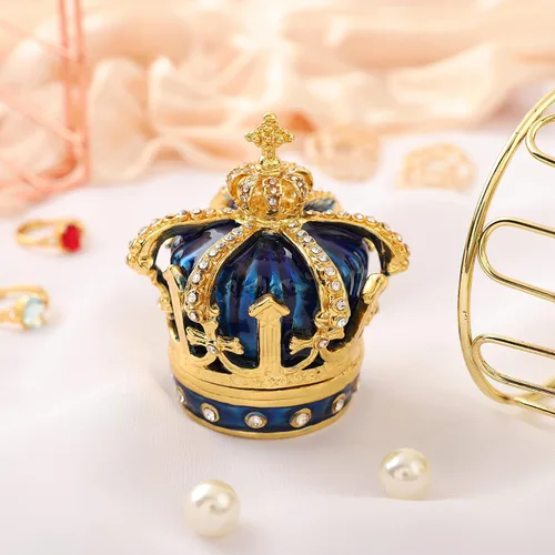 Miniatura 5 de QIFU Pintado a mano esmaltado estilo corona azul decorativo con bisagras joyería baratija caja regalo único para decoración del hogar