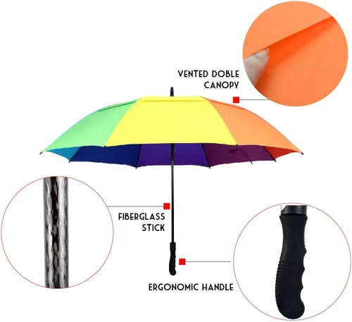 Miniatura 2 de Doble dosel ventilado a prueba de viento plegable portátil de viaje multicolor paraguas - arco iris