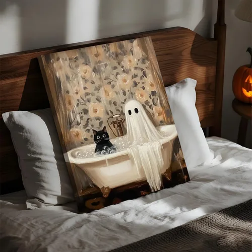 Miniatura 7 de Obras de arte en lienzo de fantasmas de Halloween para baño, decoración de pared con fantasmas de terror y lindo gato negro en la bañera, pinturas