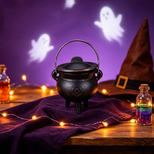 Miniatura 2 de DOITOOL Caldero de hierro fundido con tapa y asa, caldero de bruja de Halloween, olla de bruja negra para manchar, quemar incienso, decoración