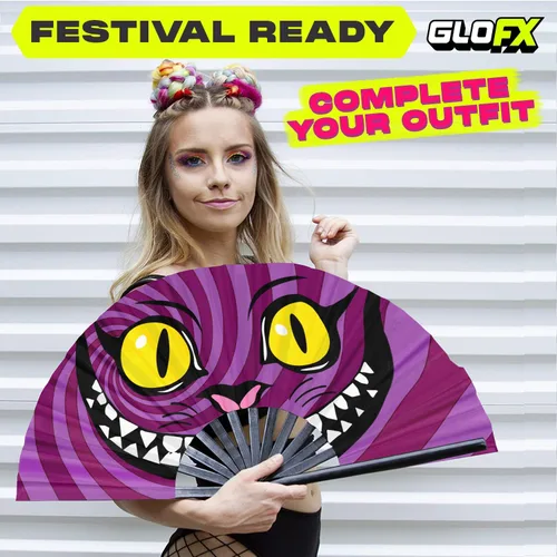 Miniatura 6 de GloFX Abanico de mano grande - Abanico de gato Cheshire de Alicia en el País de las Maravillas - Abanicos plegables de bambú para accesorios de rave