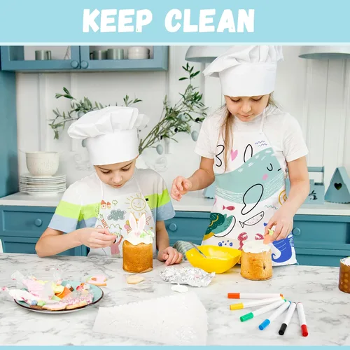 Miniatura 6 de Pllieay 52 delantales para niños, delantales blancos para niños con bolígrafo de colores y plantillas de diario para pintura, cocina, cocina