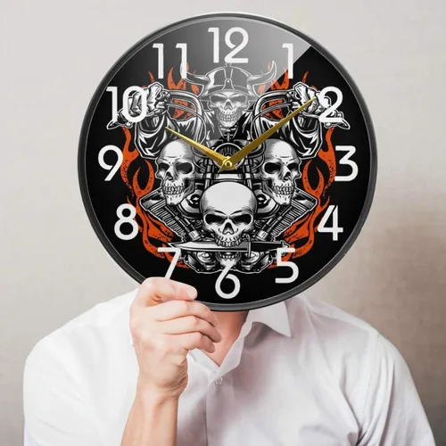 Miniatura 3 de Naanle Reloj de pared redondo de calavera para motocicleta, reloj de pared silencioso de cuarzo silencioso de 12 pulgadas, funciona