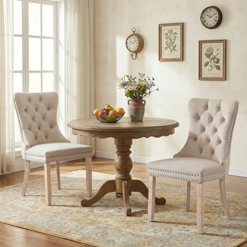 Miniatura 116 de SoarFlash Juego de 2 sillas de comedor de tela de lino, sillas de comedor tapizadas con ribete de cabeza de clavo y patas de madera de color claro