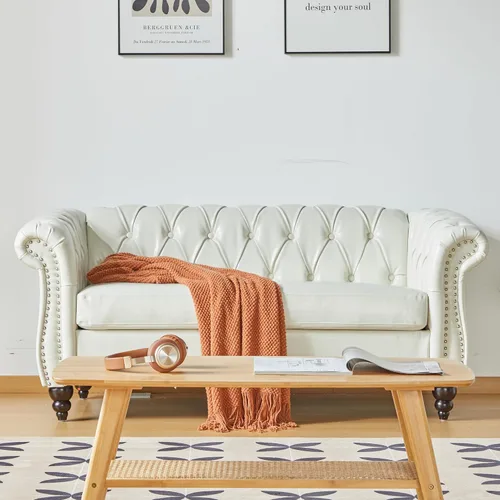 Miniatura 13 de LEVNARY Sillón tapizado de cuero, moderno sofá individual de mediados de siglo con brazos enrollados y cabeza de clavo, silla Chesterfield de piel