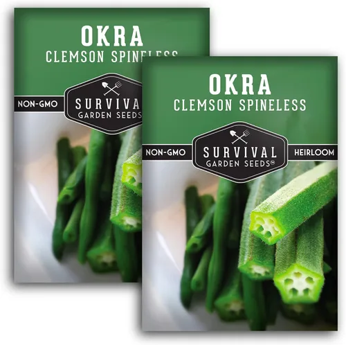 Miniatura 10 de Survival Garden Seeds - Semilla de okra sin espinas Clemson para plantar - Paquete con instrucciones para plantar y cultivar Okra tierna y grande