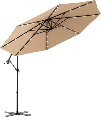 Tangkula Sombrilla solar de 10 pies para patio al aire libre con luz LED, sombrilla de mercado con cubierta colgante y base cruzada (beige)
