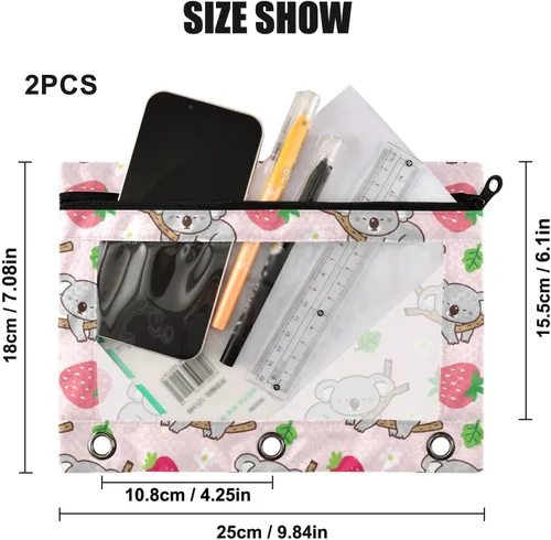 Miniatura 3 de Estuche para lápices para carpetas de 3 anillos con cremallera, se adapta a carpetas estándar, estuche de lápices de koala de fresa para oficina