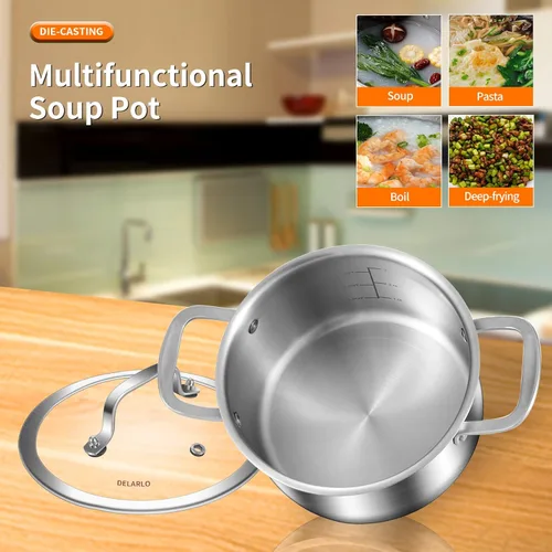 Miniatura 5 de DELARLO Olla de acero inoxidable de tres capas con tapa de 3.5 cuartos de galón, olla de cocina de grado alimenticio, olla de sopa duradera con tapa