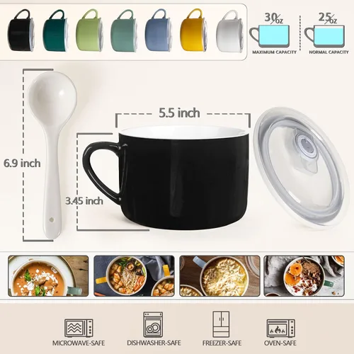 Miniatura 2 de Tazones de sopa con asas y cucharas, cuenco de cerámica para ramen de 30 onzas con tapa, tazas grandes para fideos instantáneos, cuencos grandes