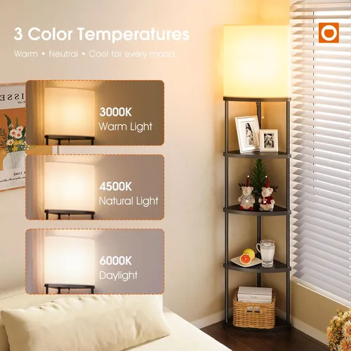 Miniatura 5 de addlon Lámpara de pie con estantes, lámpara de esquina ajustable de 5 niveles con 3 temperaturas de color y pantalla de lino, lámparas de pie Negro