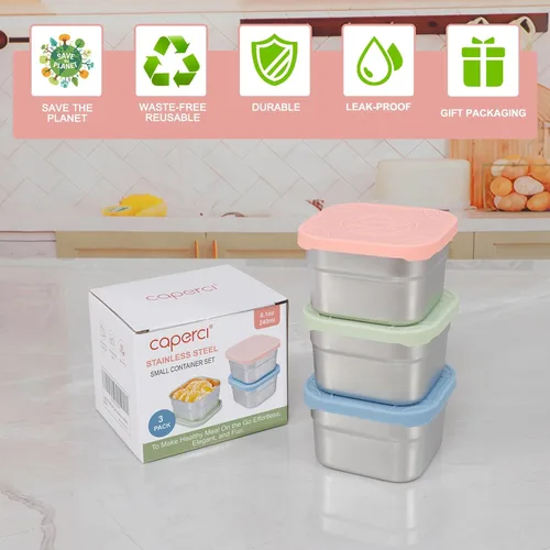 Miniatura 7 de Caperci Paquete de 3 Recipientes de Acero Inoxidable para Aperitivos con Tapas de Silicona - Recipientes Pequeños para Alimentos de 8 onzas a Prueba
