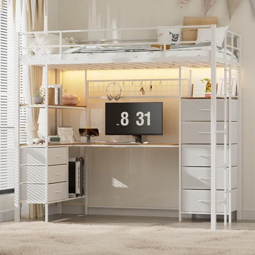 Miniatura 10 de Cama tipo loft de tamaño individual con escritorio, luces LED, estación de carga, base de cama industrial con 3 estantes de almacenamiento y 8