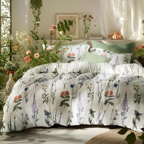 Miniatura 10 de Bedsure - Juego de edredón tamaño King, juego de ropa de cama floral lindo, 3 piezas, 1 edredón reversible suave verde salvia con flores botánicas