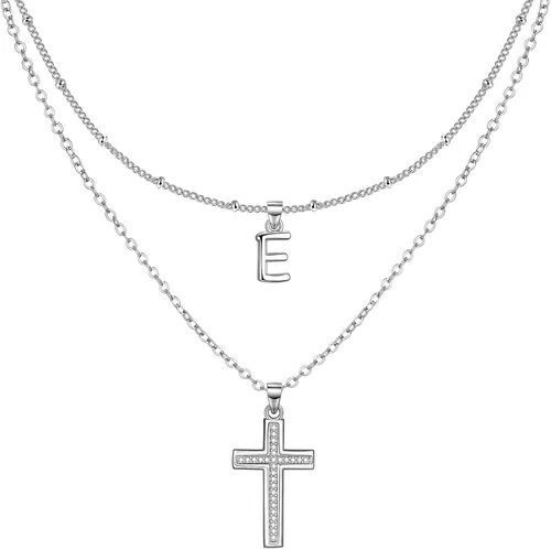 ZENI Delicados collares de cruz para mujer, chapado en oro de 14 quilates, cadena en capas con dije de inicial, circonita cúbica, cruz de fe