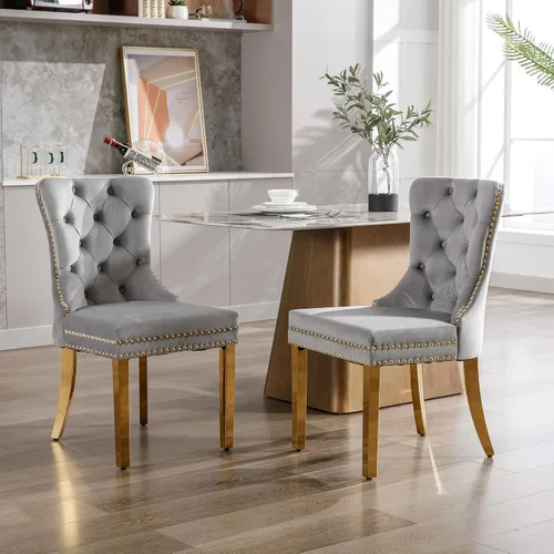 Miniatura 45 de KCC Nikki Collection - Juego de 4 sillas de comedor de terciopelo tapizadas de alta gama con anillo trasero de clavo, patas de madera maciza