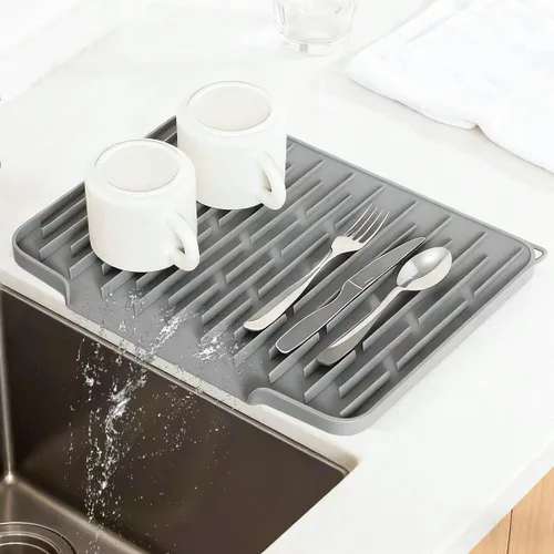 Miniatura 10 de Alfombrilla de secado de platos de silicona para encimera de cocina con bandeja de recolección de agua Almohadilla antideslizante (beige)