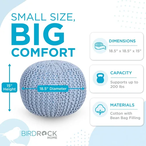 Miniatura 3 de BIRDROCK HOME Puf Otomano Redondo Taburete de Pie de Algodón Trenzado con Relleno de Frijoles Reposapiés Bohemio para Sala de Estar y Dormitorio