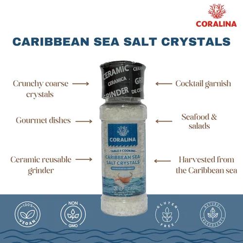 Miniatura 4 de Coralina Cristales de sal marina del Caribe con molinillo - Grueso y crujiente - Evaporado solar - Mejora el ensalado, carnes, mariscos y cócteles