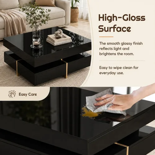 Miniatura 5 de Mesa de centro moderna con almacenamiento, mesa de centro cuadrada contemporánea con cajones, mesa central moderna de alto brillo para sala de Negro