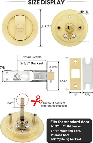 Miniatura 3 de goldenwarm Cerradura de Puerta Corrediza Redonda de Níquel Cepillado, Herrajes para Puerta Corrediza para Orificio Redondo de 2-1/8'', Manijas