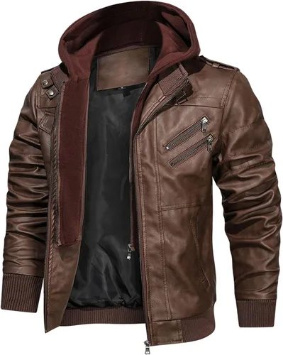 Miniatura 2 de Hood Crew - Chaqueta bomber para hombre, casual, con cuello alto, cazadora de moto, de piel sintética de poliuretano, con cremallera y capucha Marrón