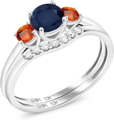 Gem Stone King Anillo de boda de 3 piedras de oro blanco redondo de 10 quilates con zafiro azul y zafiro naranja y diamante cultivado en laboratorio