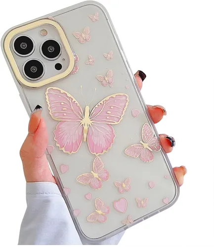 Miniatura 8 de Funda transparente con chispas brillantes para iPhone 15 Pro Max para mujeres y niñas, patrón de mariposas doradas, rosa y azul, funda protectora