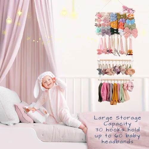 Miniatura 2 de POVETIRE Organizador de lazos para el pelo con soporte para diadema para niñas, organizador de almacenamiento para diademas y accesorios para bebé