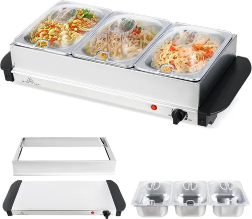 Giantex Servidor Eléctrico de Bufé y Bandeja Calentadora, 3 Bandejas de Acero Inoxidable con Tapas, Temperatura Ajustable, Apto para Lavavajillas,