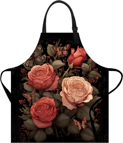 Miniatura 12 de Delantal divertido con bolsillo para mujeres y hombres, delantal de cocina ajustable para barbacoa y horneado con lindos animales y flores