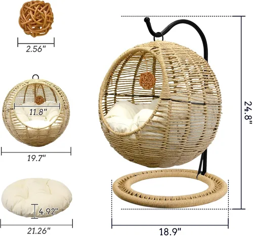 Miniatura 2 de BROWN-BROWN Cama colgante de mimbre hecha a mano para gatos, silla de huevo oscilante con cojín extraíble y bola colgante, acogedora hamaca
